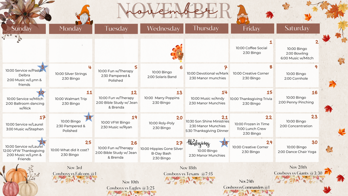 November 2024 Activities Calendar at Azle Manor